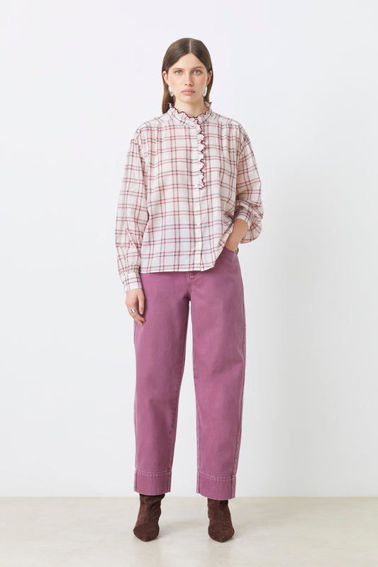 Suncoo Lea Nude and Burgundy Check Blouse