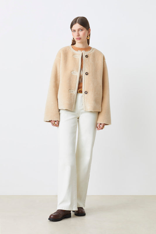 Suncoo Beige Faux Shearling  Short Jacket