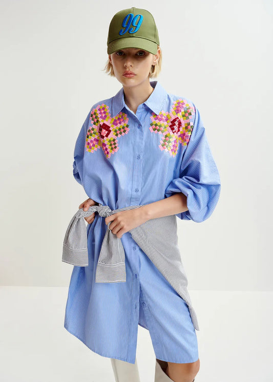 Essentiel Antwerp Blue and White Striped Shirt Dress