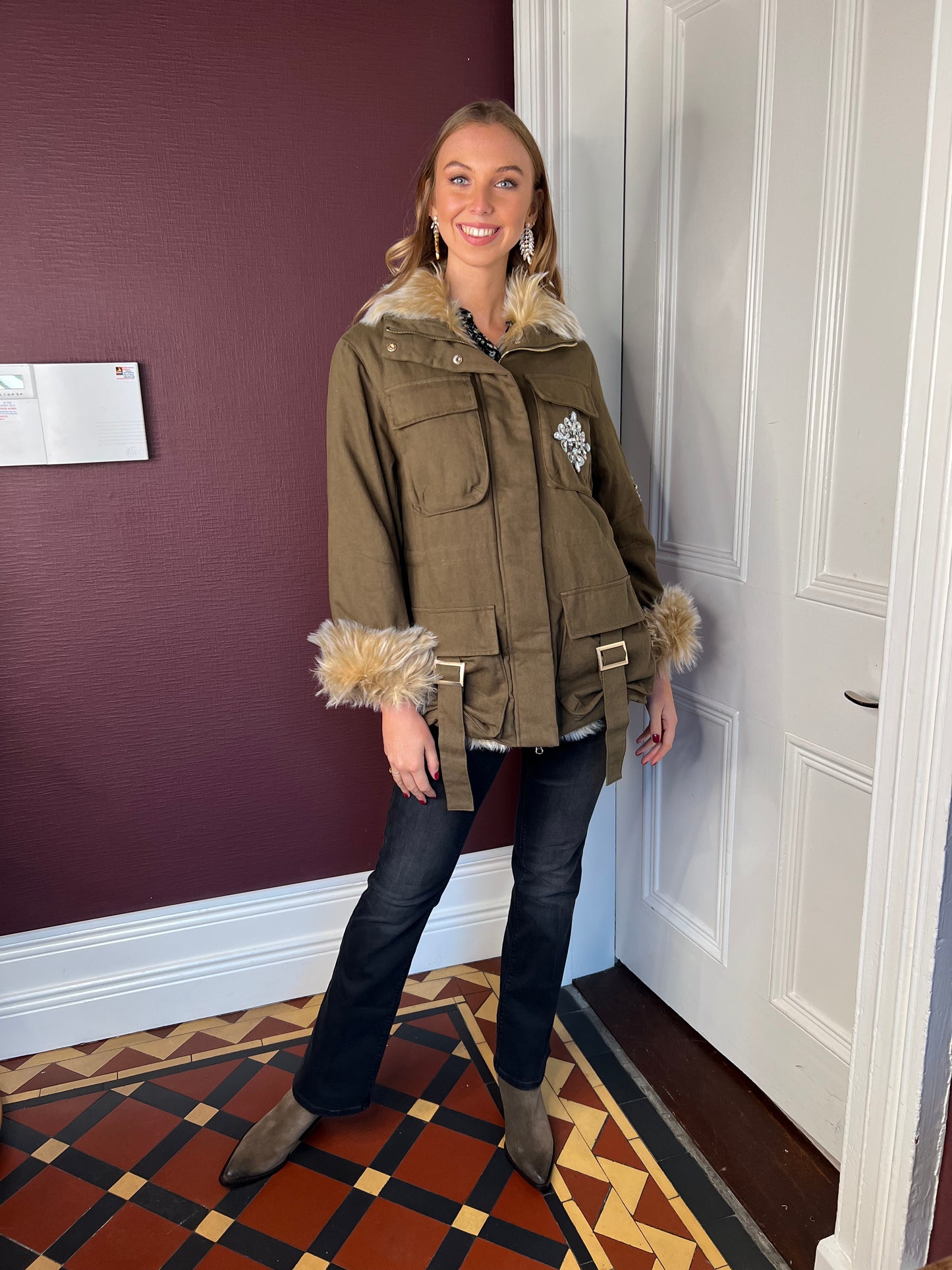PARKA With Rhinestones and Faux Fur Applications