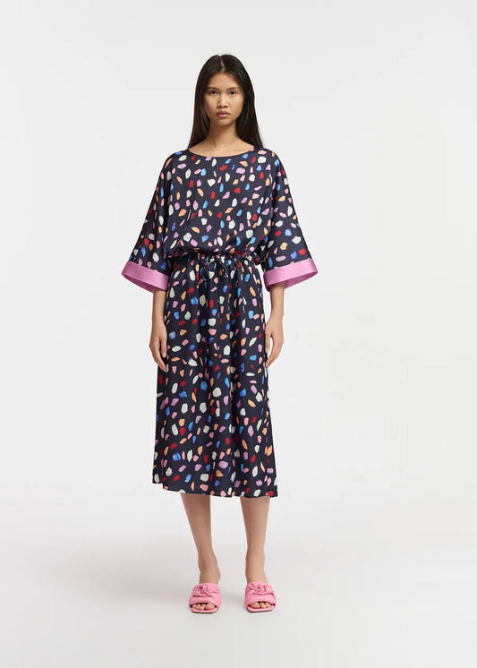 Navy Blue Midi Lenght Dress With Multicolor Print