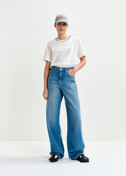 Essentiel Antwerp Blue Straight Jeans With Pearl Embellishments