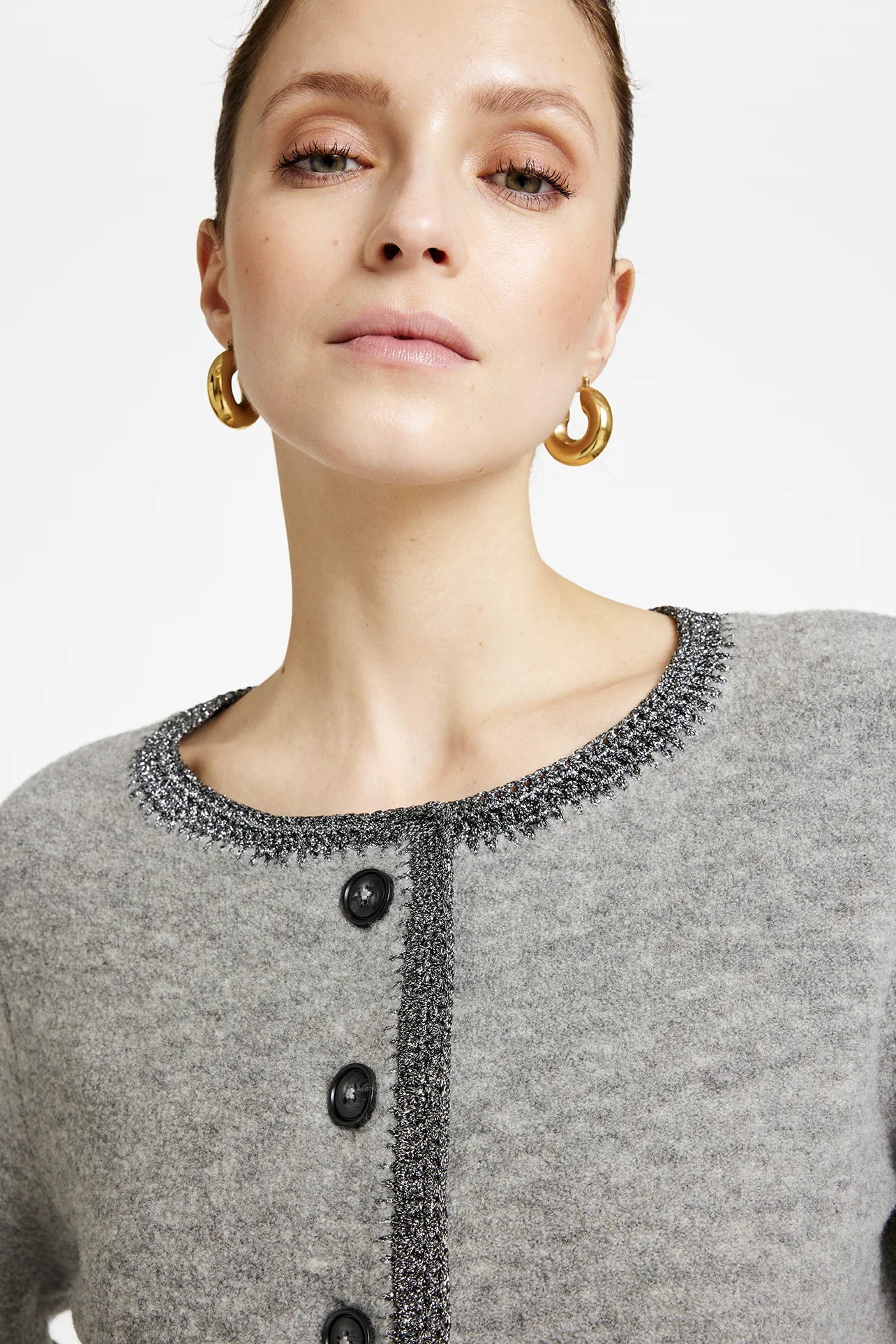 Gustav Ines Mid Grey Knit Cardigan with Lurex Trim