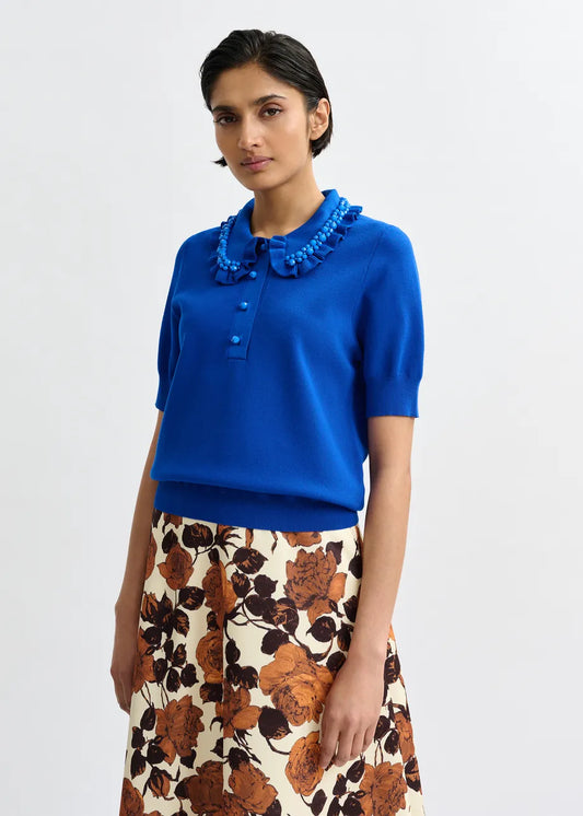 Essentiel Antwerp Jewelry Embroidered Knit Polo in Royal Blue