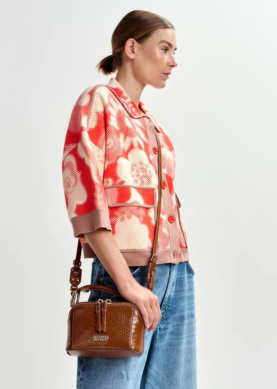 Essentiel Antwerp Floral-Print Knit Cardigan with Brown Contrasting Trims