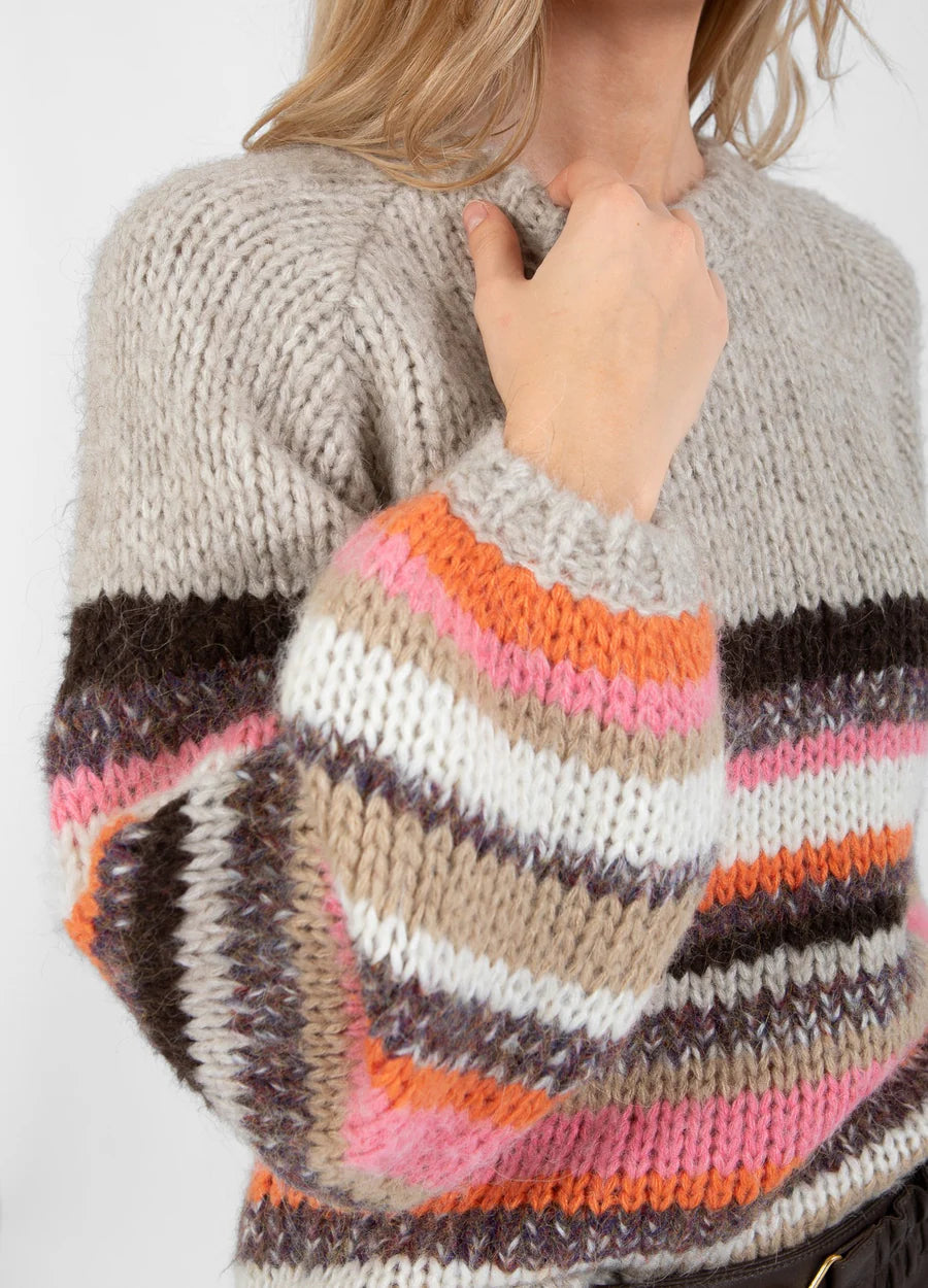 Multi Colour Stripe Jumper in Grey and Coral