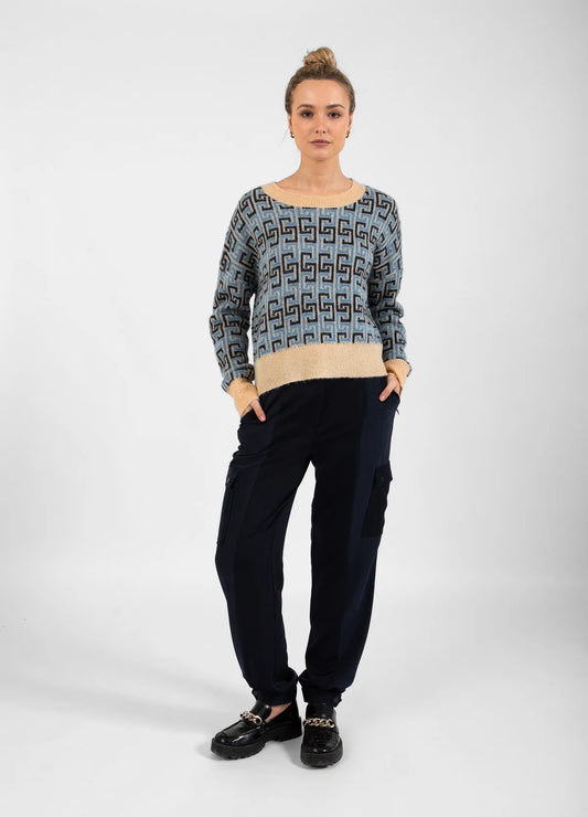 Blue and Navy Knit Jacquard  Sweater With CC Color Stripe