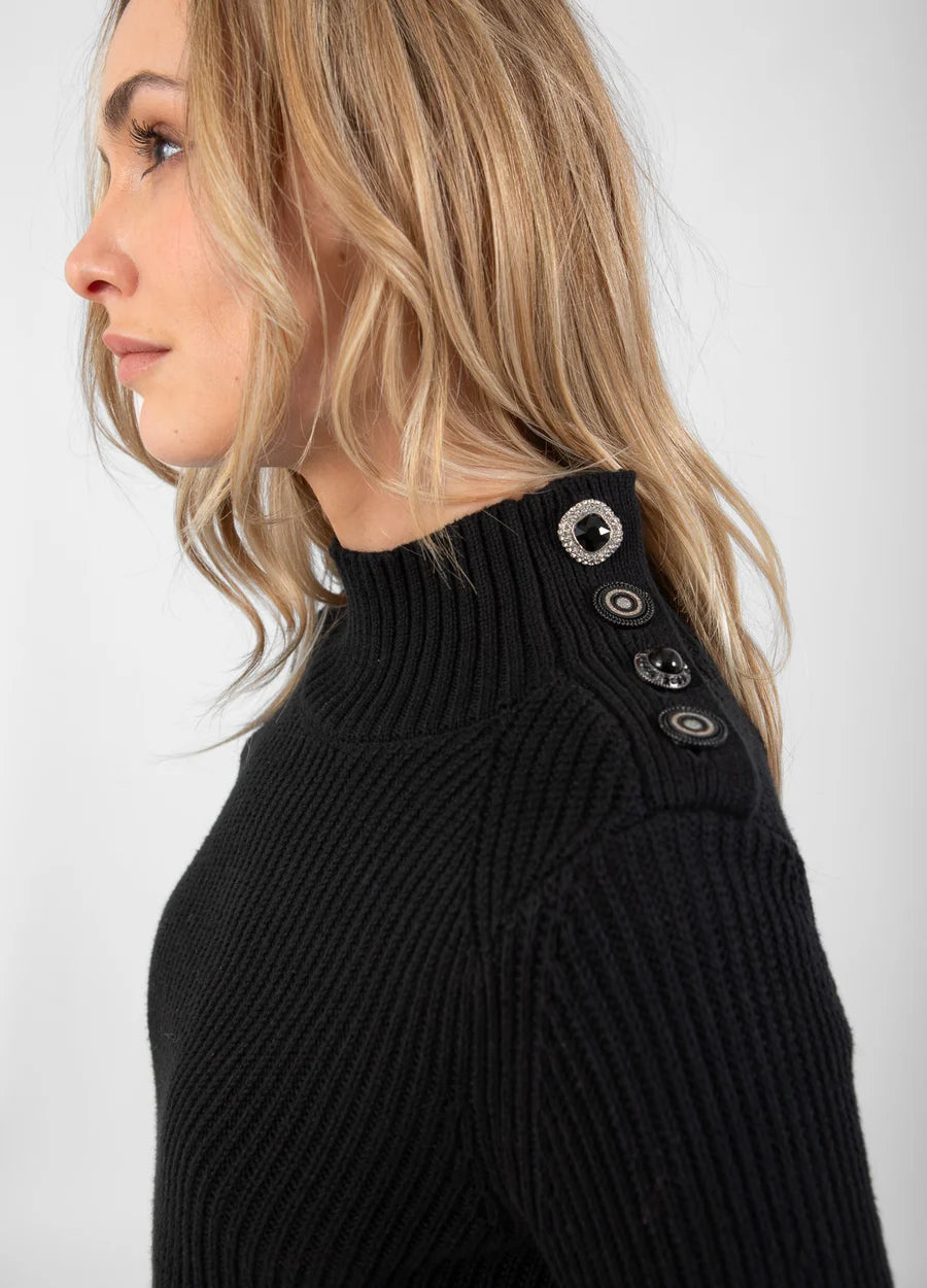 Black Knit With High Neck and Button Detail