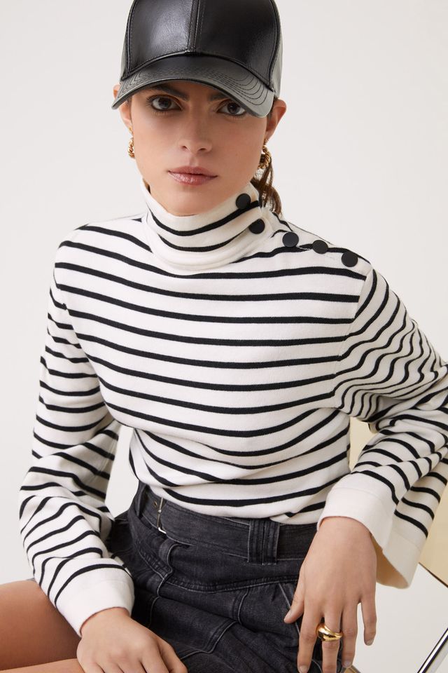 Piriac Striped High Neck Sweater in Black and White Stripes