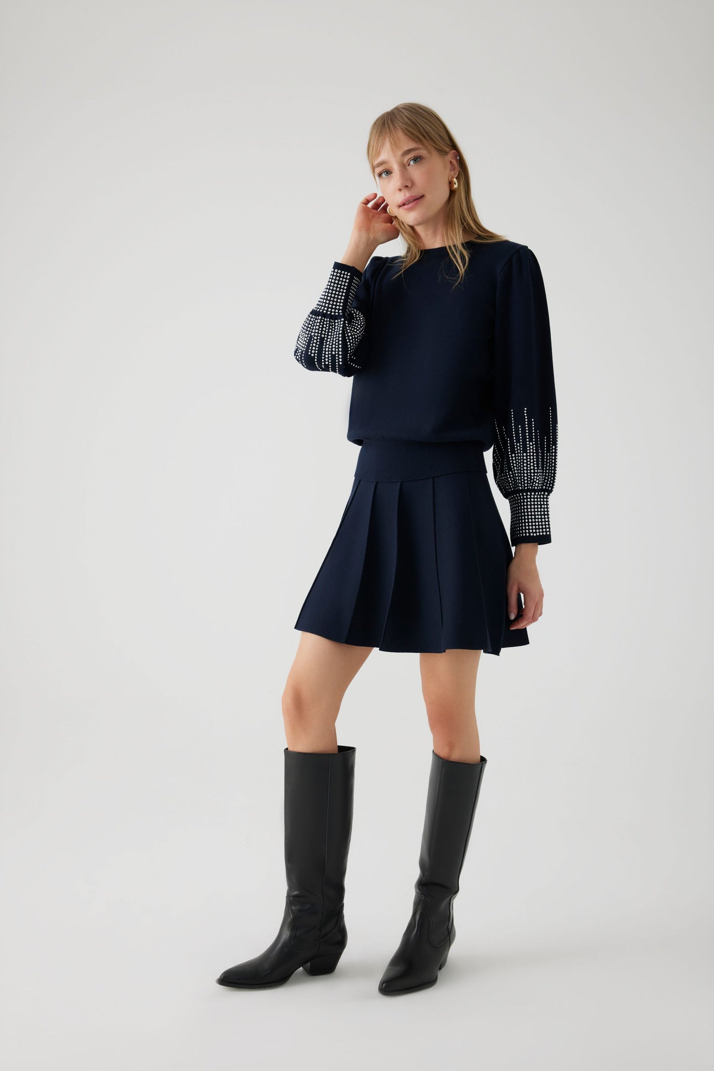 Autumn Navy Knit Top with Silver Studded Embellishment on the Sleeves