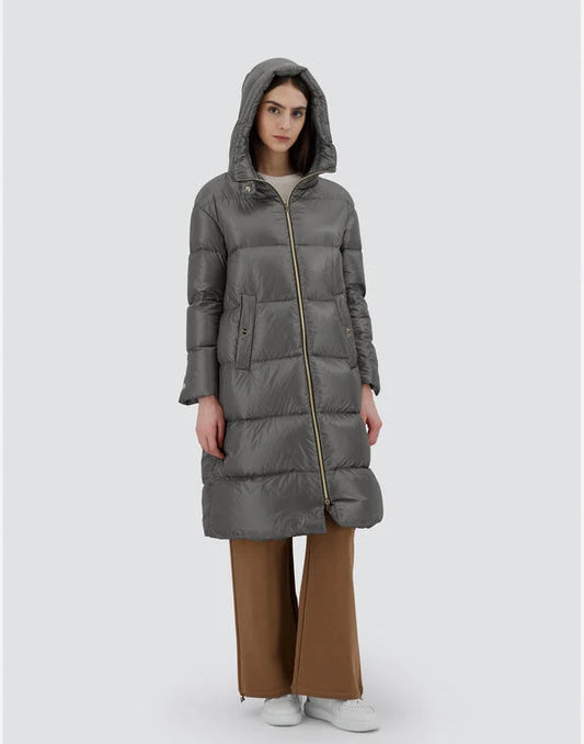 Long Down Quilted Ultra Light Coat with Hood Available in 2 Colours