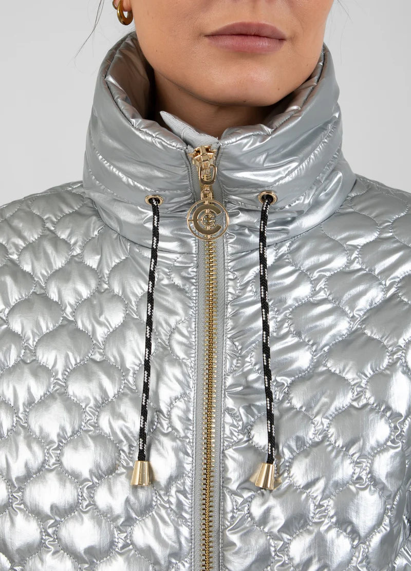 Silver Quilted Jacket With Gold Zip Detail