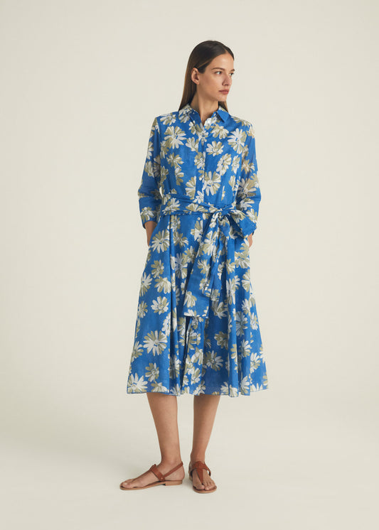 Voile Doubled Belted Dress Blue Print