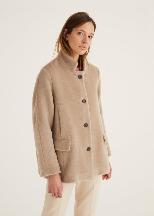 Caban Style Wool Mix Single Breasted Jacket with Button Detail in Sand