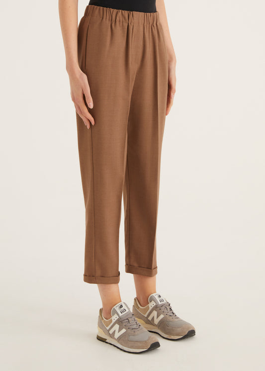 Straight Leg  Wool Mix Trousers with Elasticated Waist in Camel