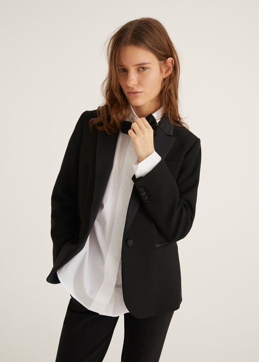 Fitted Single Breasted Satin Trimmed Black Tuxedo Blazer