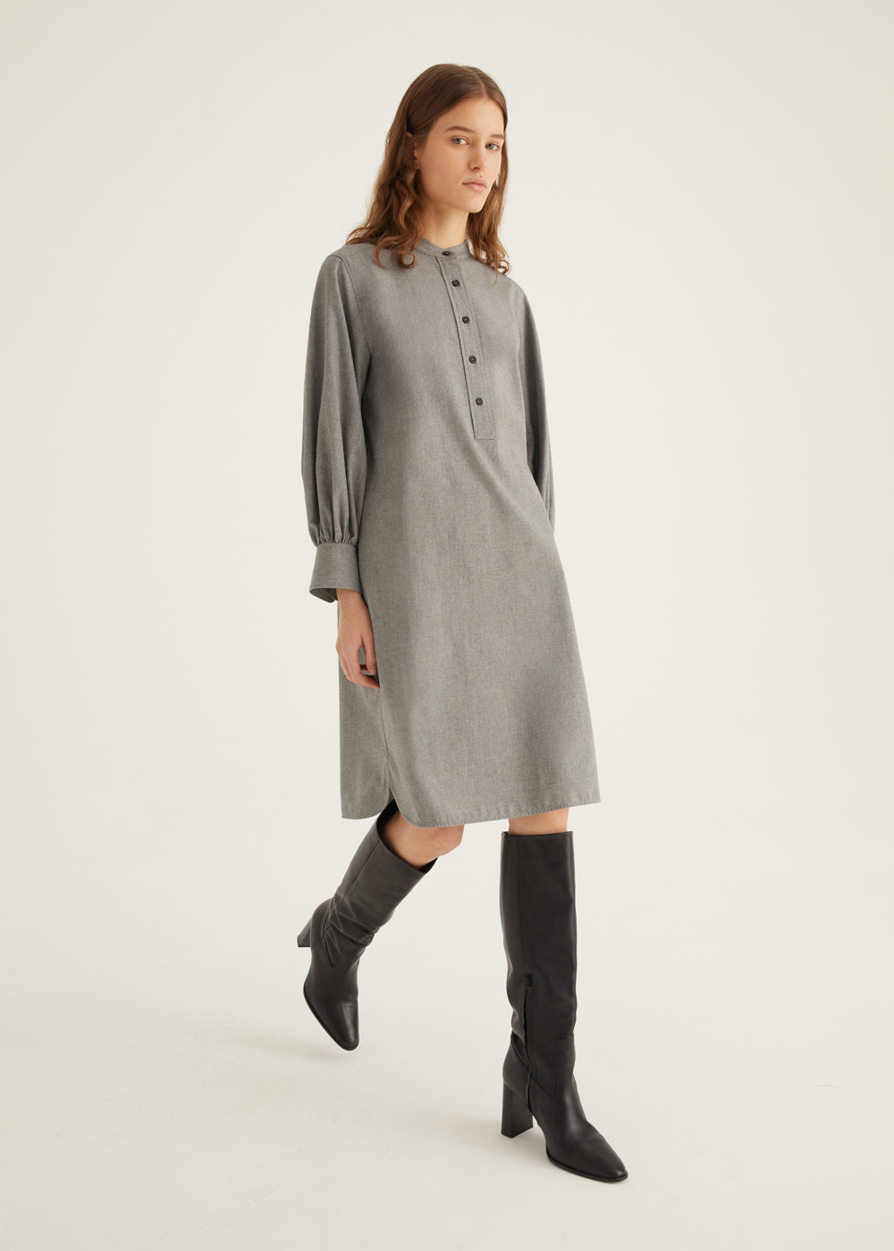 Cotton Tunic Dress With A Mandarin Collar and Gathered cuff Detail