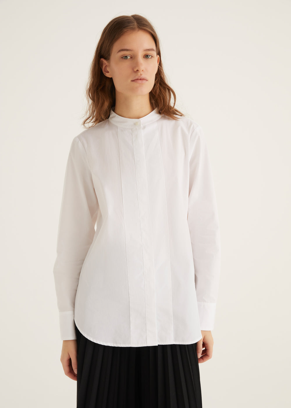 Crisp White Shirt with Plastron Detail and Mandarin Collar