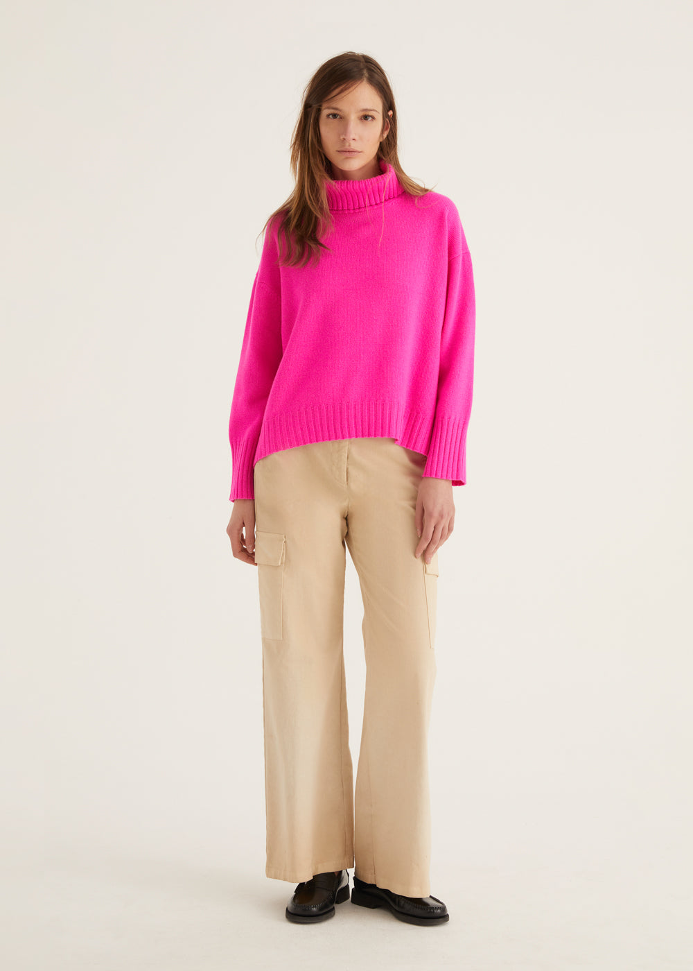 Oversized  Mock Net Wool Mix Jumper in Neon Pink