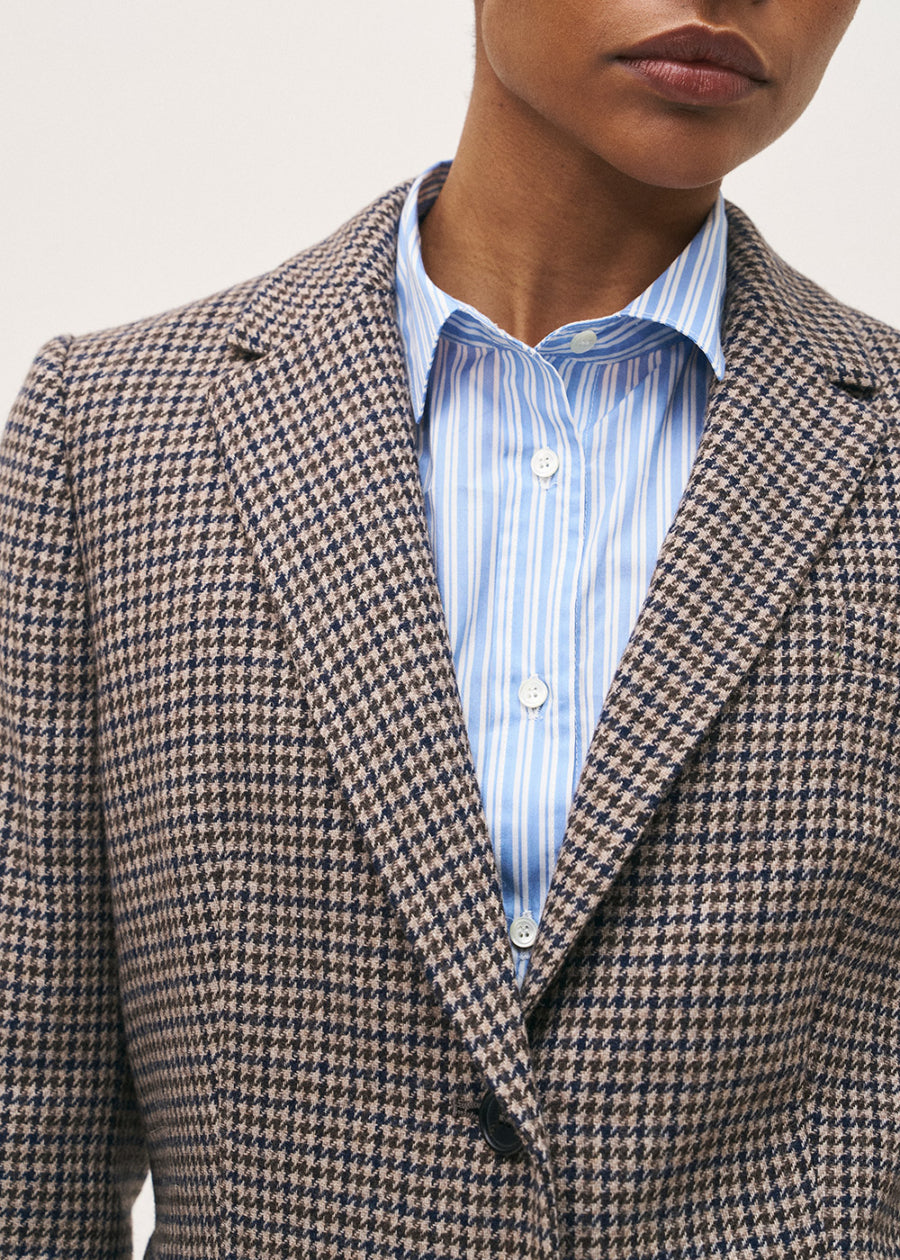 Rosso35 Blue Brown Houndstooth Wool Blazer