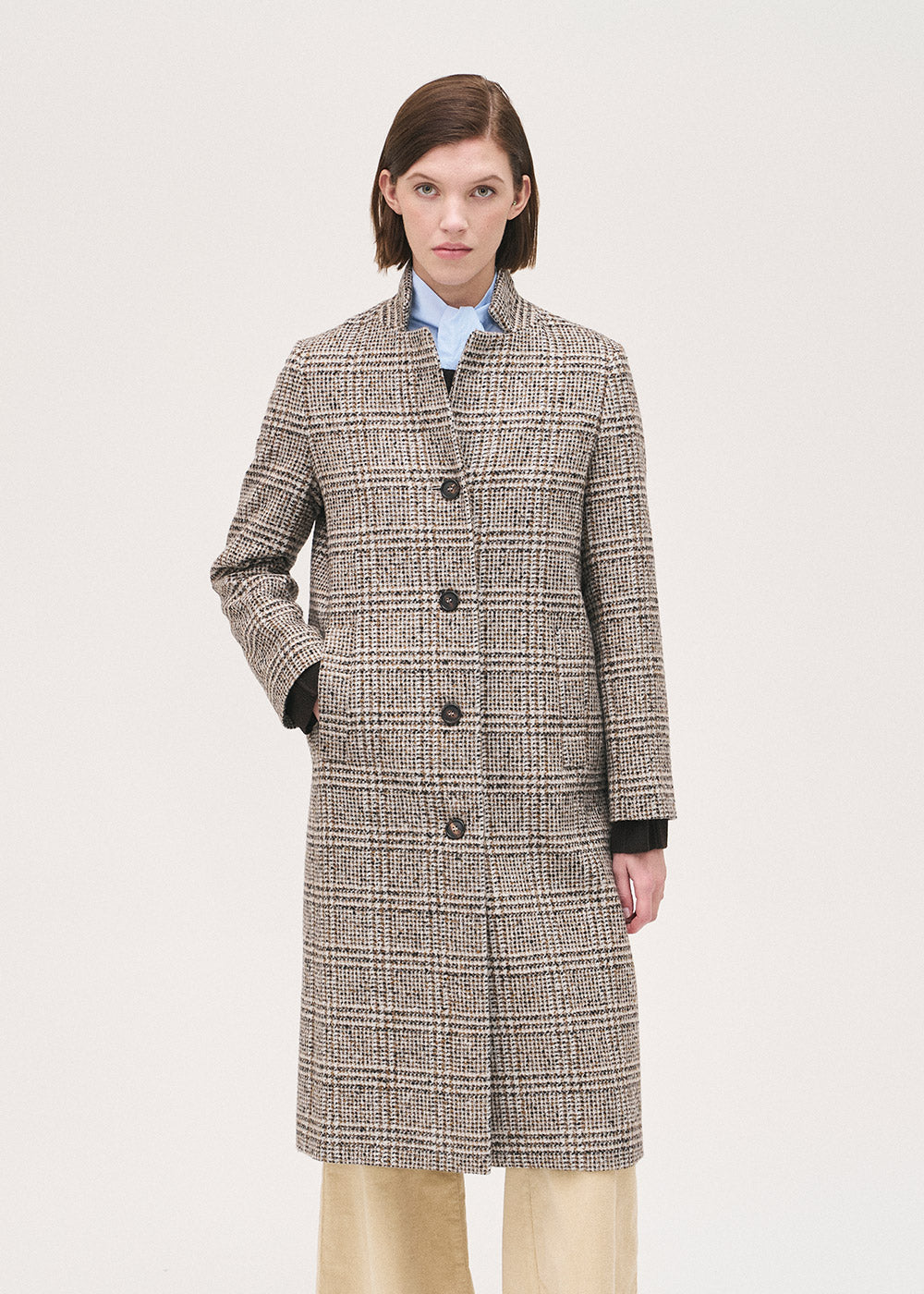 Rosso35 Black,Cream & Camel Check Midi Wool  Coat