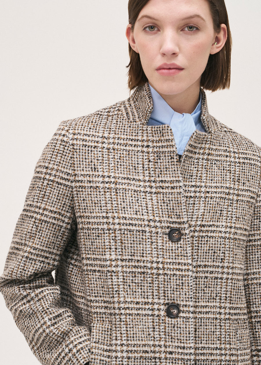 Rosso35 Black,Cream & Camel Check Midi Wool  Coat
