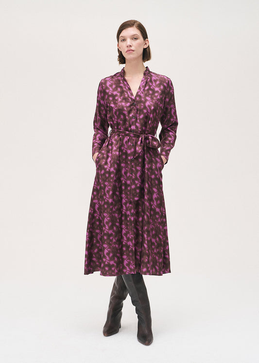 Rosso35 Silk Magenta and Brown Shirt  Dress With Self Belt