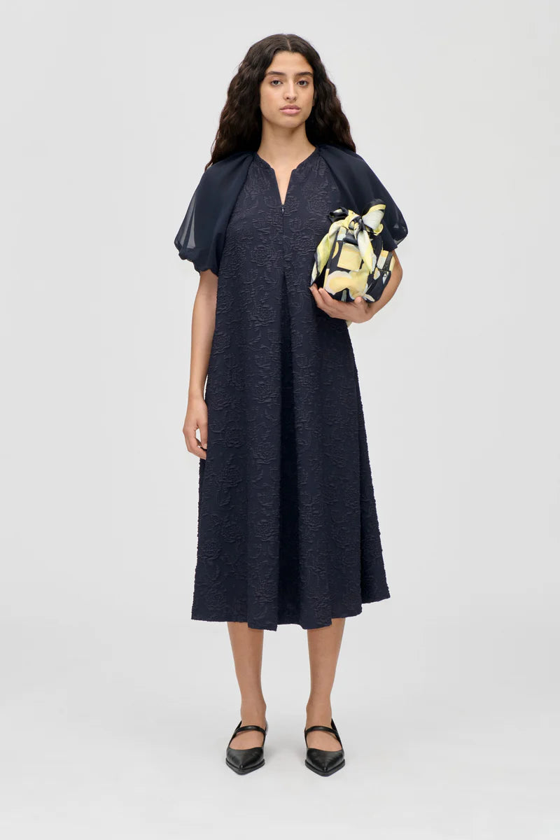 Stine Goya Balloon Sleeve Navy Midi Dress
