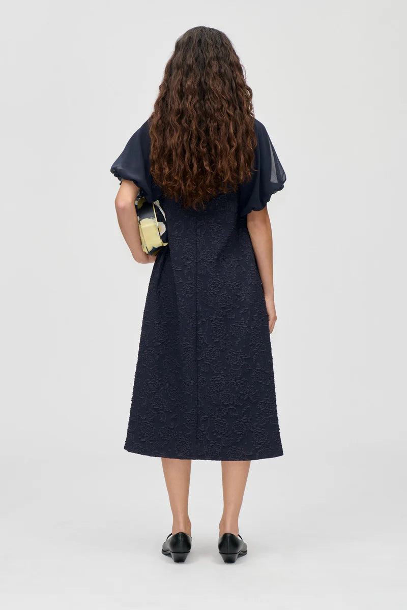 Stine Goya Balloon Sleeve Navy Midi Dress