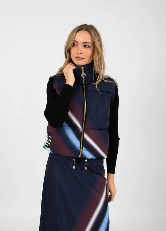 Navy Quilted  Sleeveless Jacket  With Ray Print