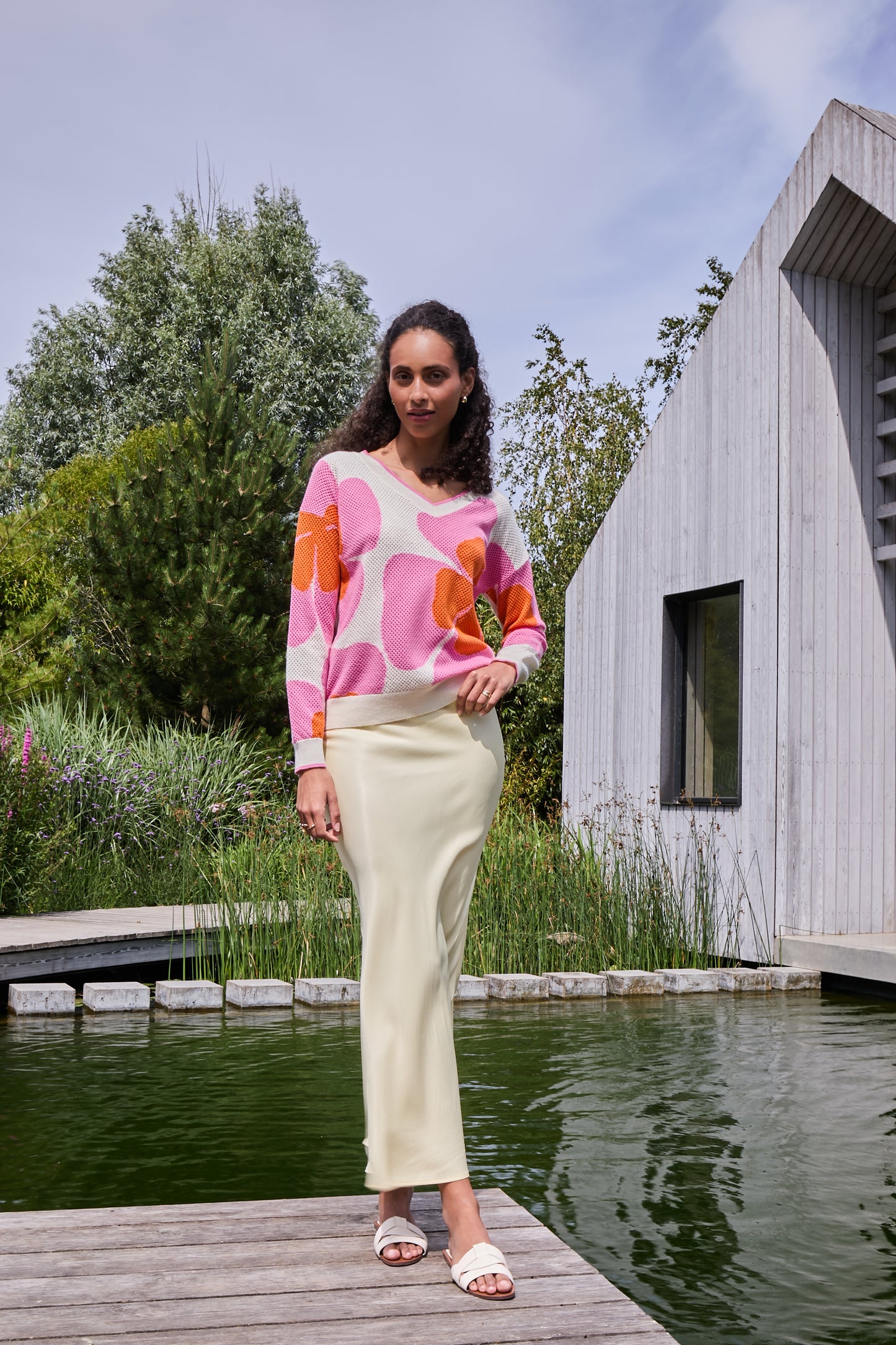 Cocoa Cashmere Nyomi Sweater in Pink and Orange Floral Print