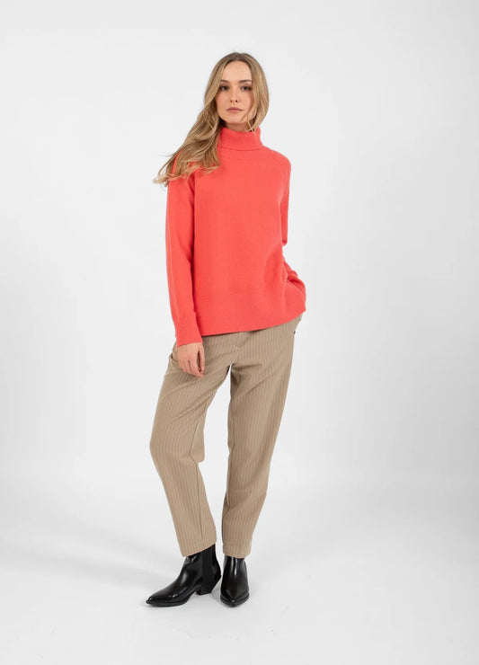 Hot Coral & Cobalt Blue Sweater With High Neck