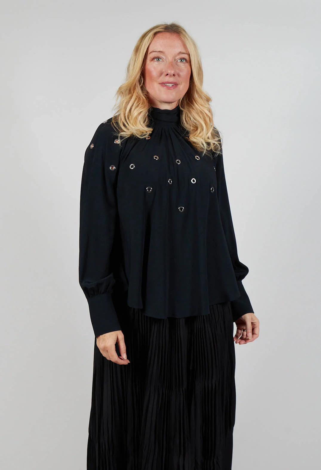 Beatrice B Black Silk Mix Blouse with Metal Eyelets and Neck Tie