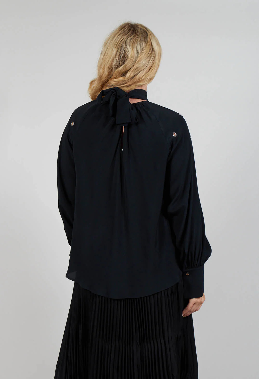 Beatrice B Black Silk Mix Blouse with Metal Eyelets and Neck Tie