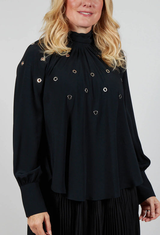 Beatrice B Black Silk Mix Blouse with Metal Eyelets and Neck Tie