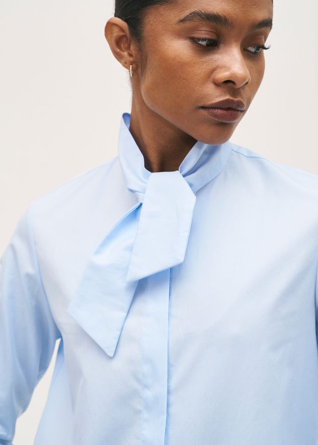 Rosso35 Sky Blue Cotton Poplin Blouse with Pussy Bow Collar