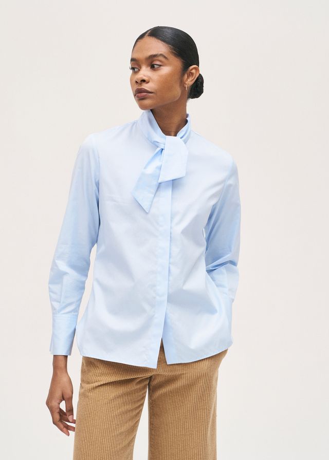 Rosso35 Sky Blue Cotton Poplin Blouse with Pussy Bow Collar