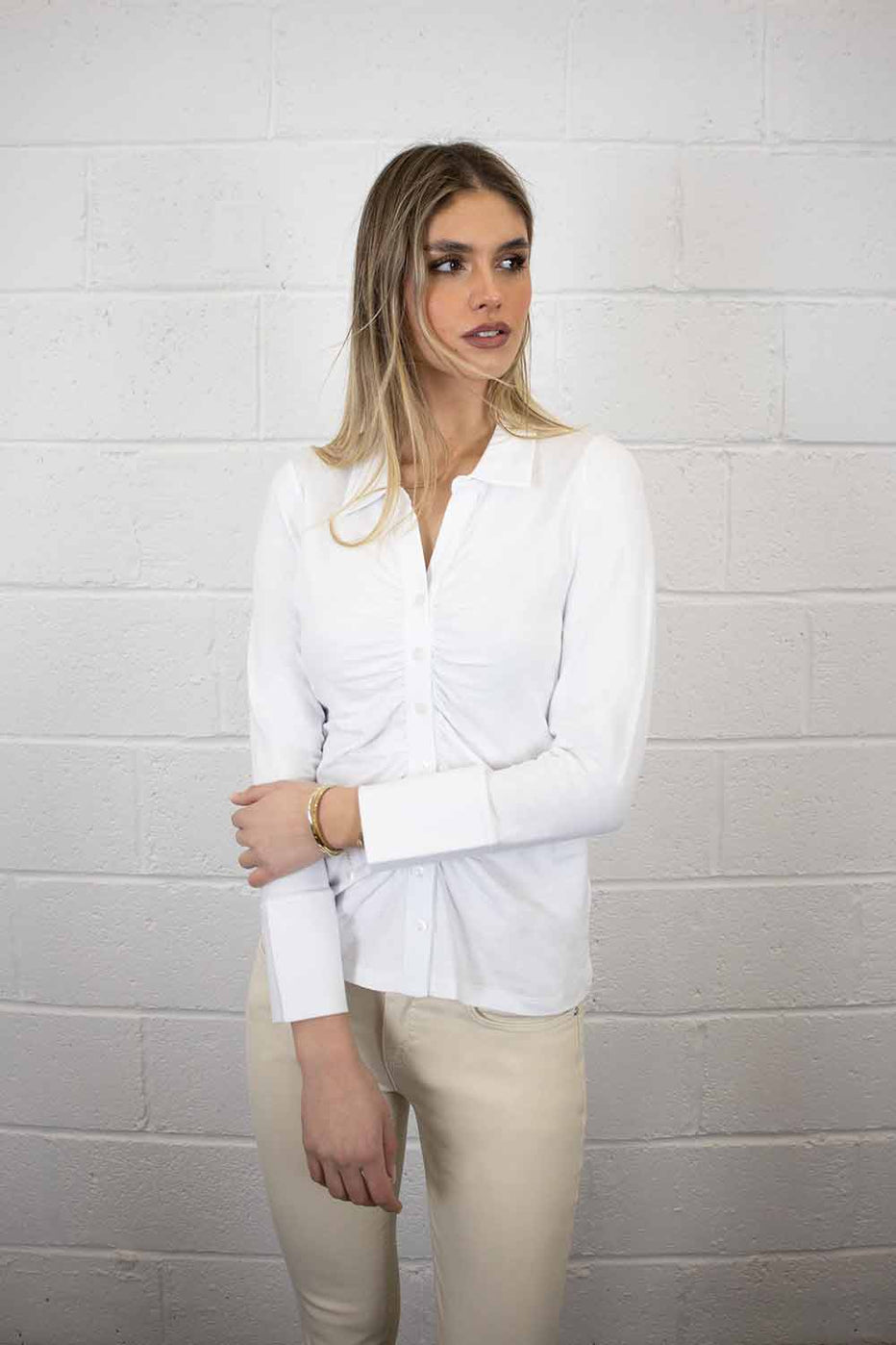 Addison Ruched Cotton Shirt White