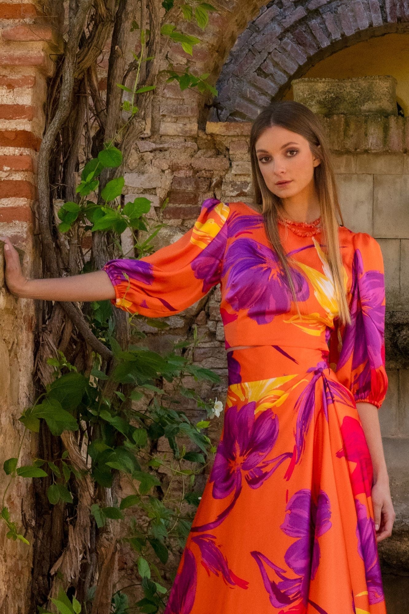 MATILDE CANO Naranja Coral Orange and Purple Printed Two Piece