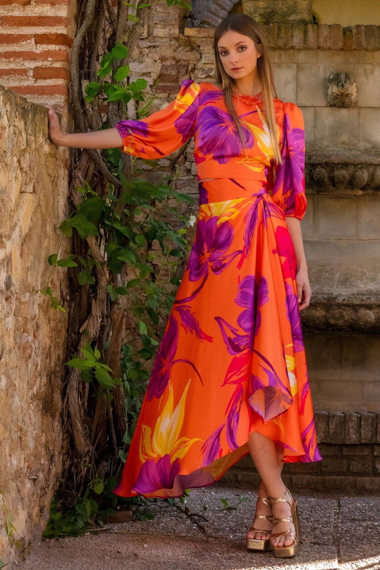 MATILDE CANO Naranja Coral Orange and Purple Printed Two Piece