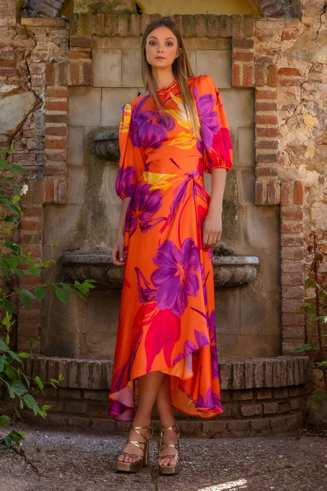 MATILDE CANO Naranja Coral Orange and Purple Printed Two Piece