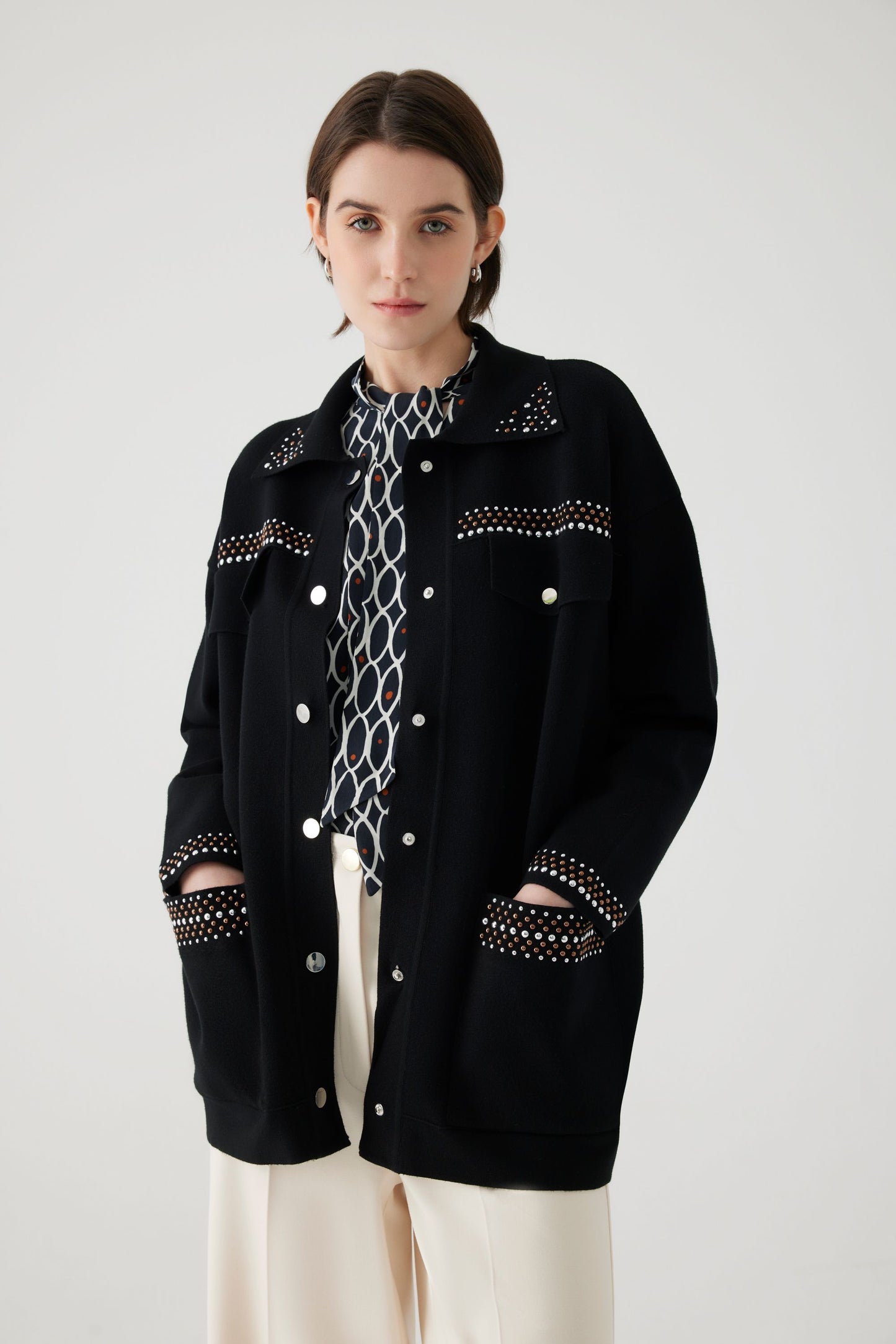 Amelia Black Knit Long Line Cardigan with Silver and Gold Studded Embellishment