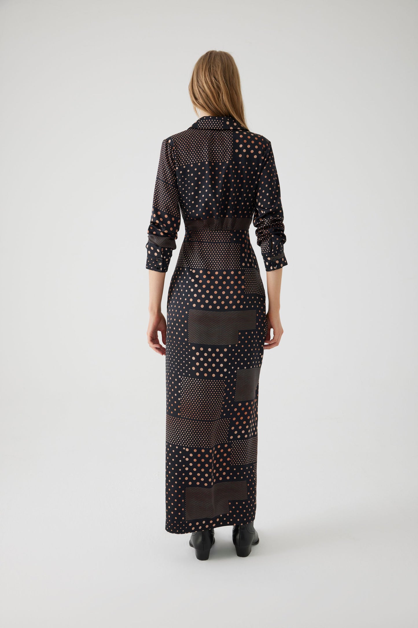 Annis Black and Camel Polka Dot Midi Dress