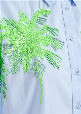 Poplin Cotton Baby Blue Shirt With Green Embellished