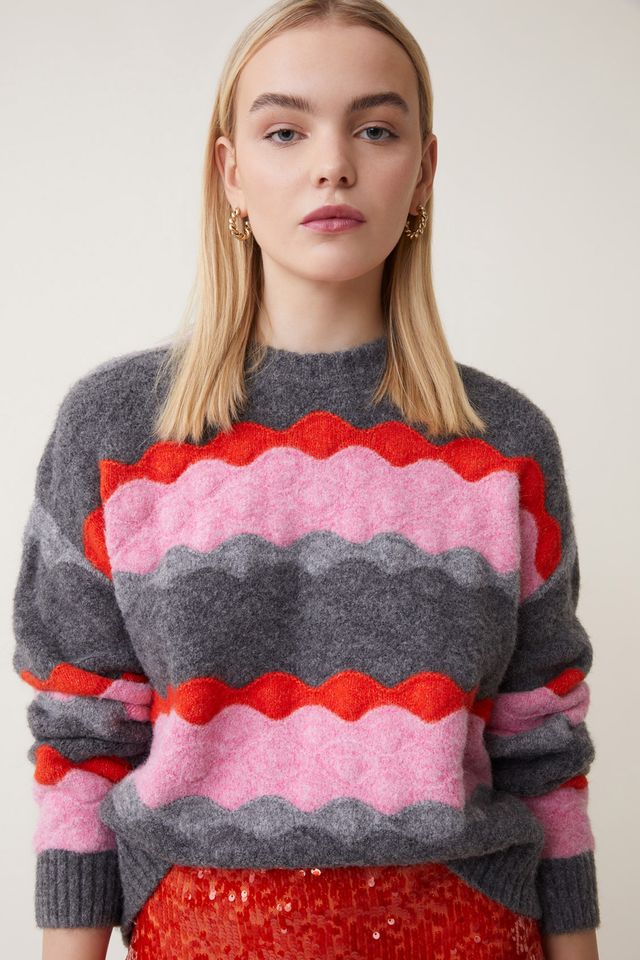 Panayo Pink,Red and Grey Round Neck Knit Sweater