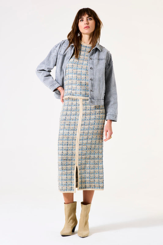 Garcia Fitted  Baby Blue Check Knit Skirt With Split