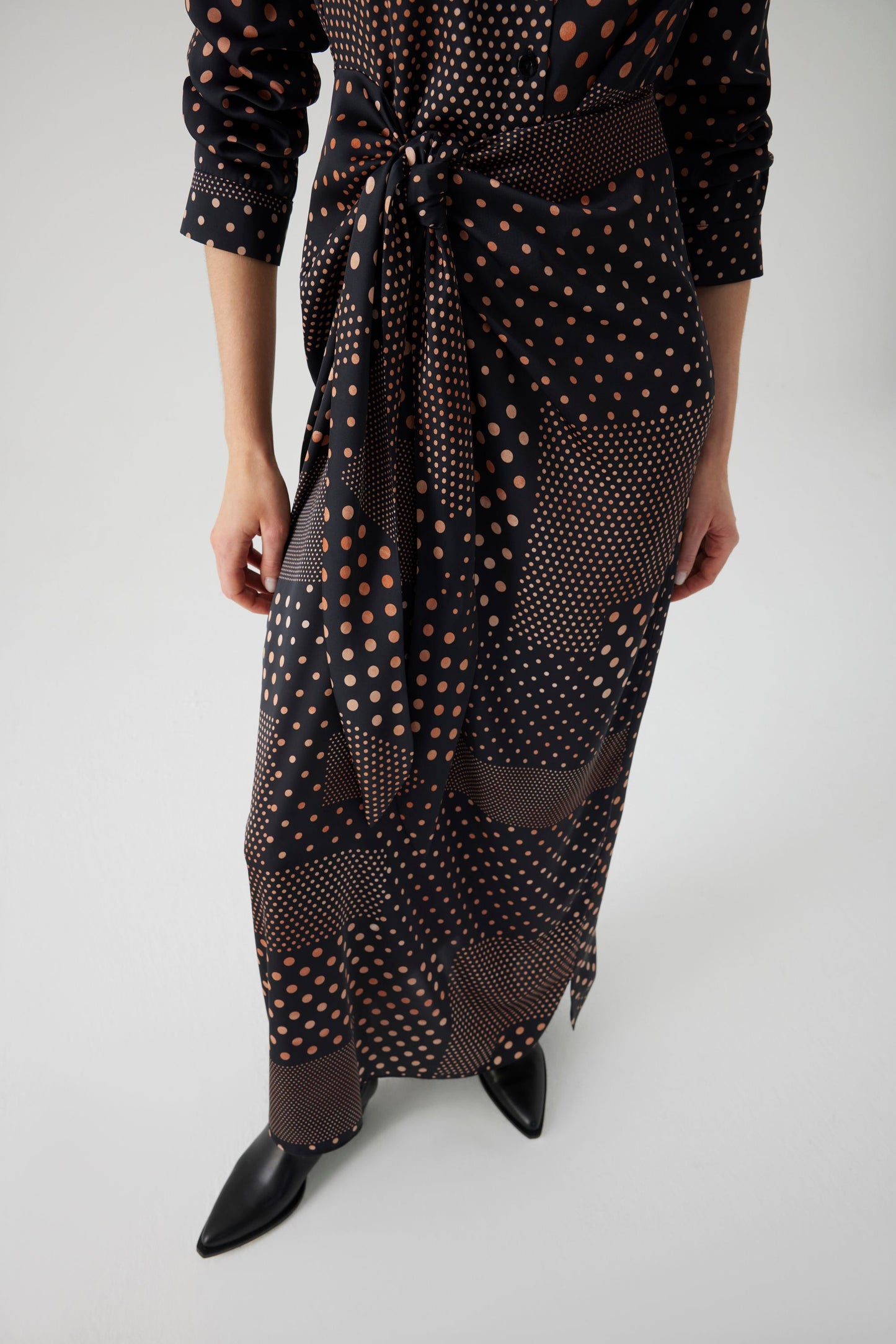 Annis Black and Camel Polka Dot Midi Dress