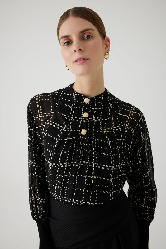 Amboree Black and White Contemporary Check  Blouse with Gold Button Detail