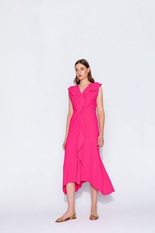 Fushia Pink Sleeveless Dress with Ruffel Detail