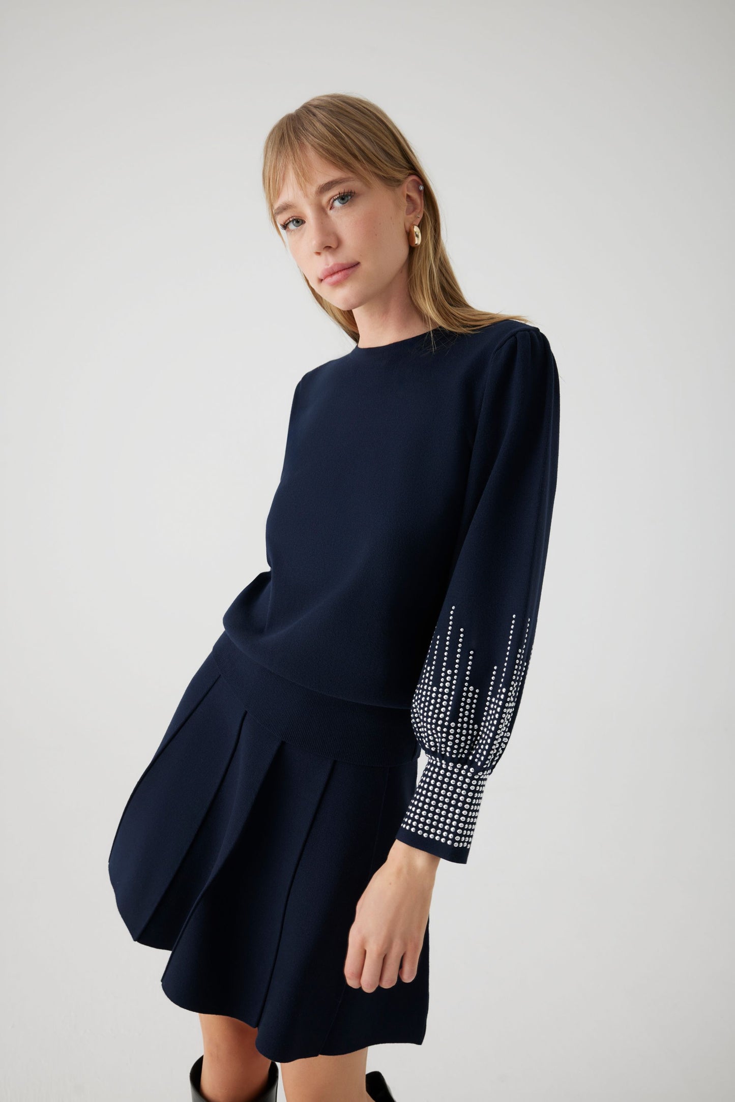 Autumn Navy Knit Top with Silver Studded Embellishment on the Sleeves